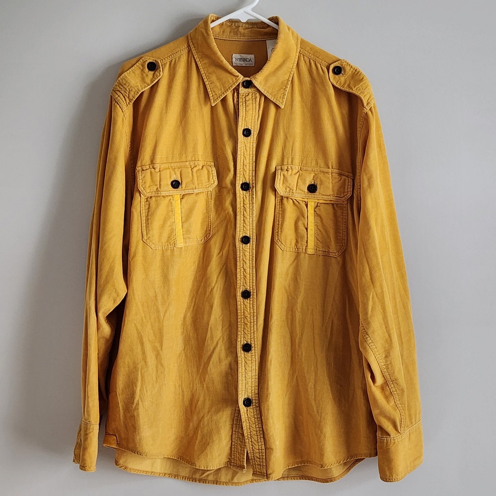 Nevada Corduroy Button Up Shirt Mens Large Yellow Epaulets Utility Workwear